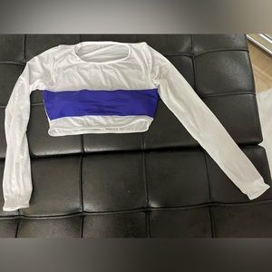 Hot Miami Styles long sleeve bikini white and blue crop top and thong bottoms